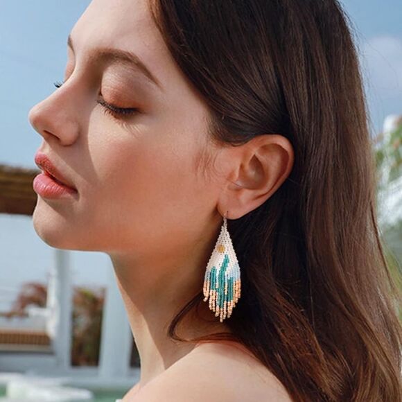 Desert Cactus Boho Seed Bead Tassel Dangling Statement French Wire Hook Earrings - Picture 5 of 6